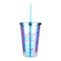 Tasse de couleur en plastique à double plastique imprimé en papier imprimé avec couvercle et paille